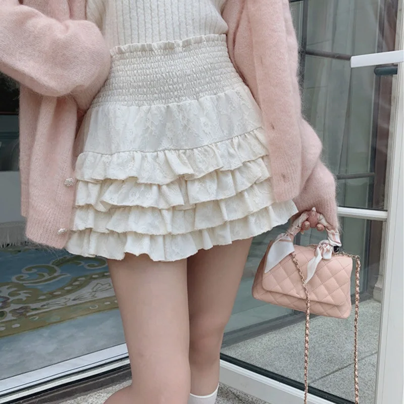 

Kawaii Cake Skirt Elastic High Waist Skirts for Women Black and White Lace Puffy Mini Skirt Spring and Summer Sweet Y2k Clothing