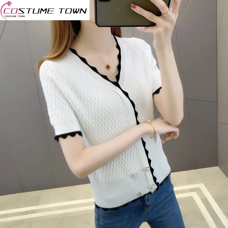 

2023 Summer New Korean Striped V-neck Short Sleeve T-shirt Irregular Top Women's Ice Silk Knit Shirt Slim Fit Versatile Design