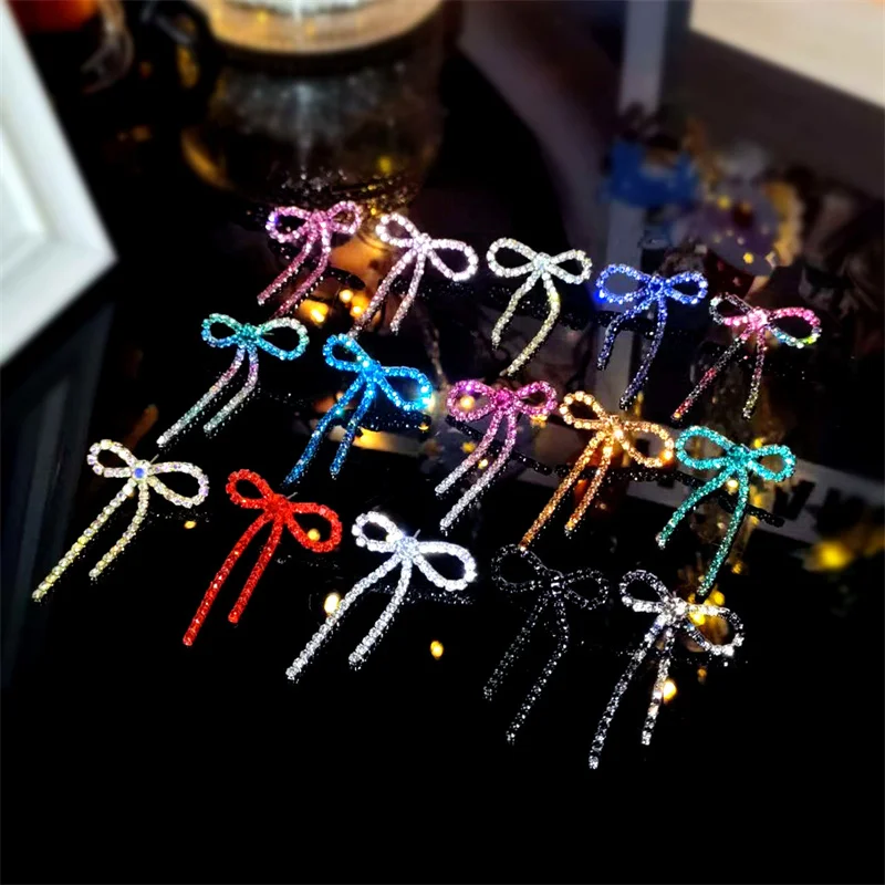 Rhinestone Bowknot Drop Earrings Women Multicolor Bow Tassel Dangle Earring Girls Wedding Party Jewelry Gift