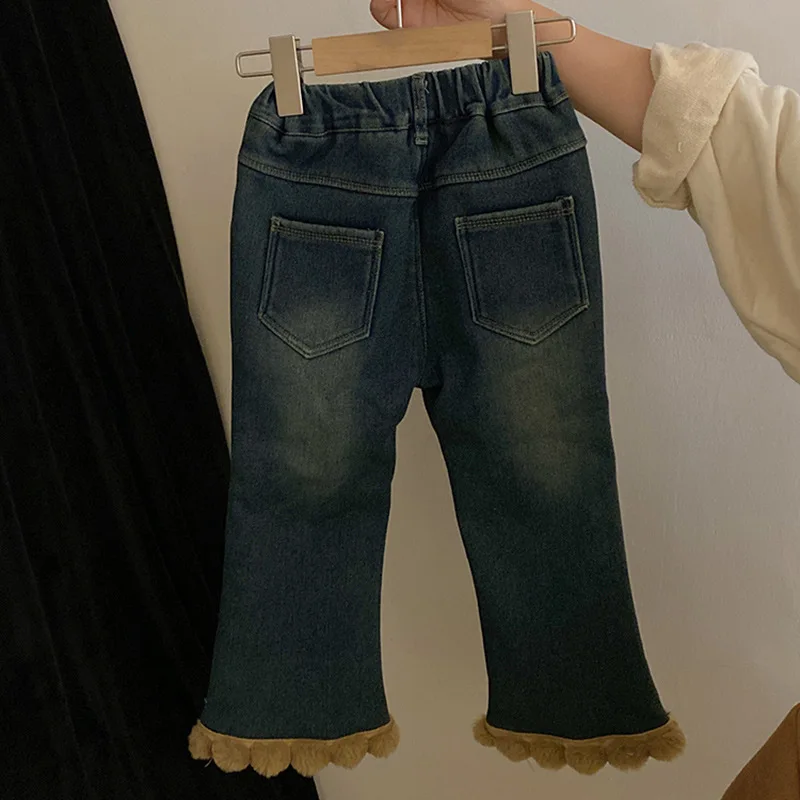 

Kids Pants Winter Season New Baby Thickening Warm French Splicing Ball Jeans Tide 2023 Elastic Waist Pocket Fashion