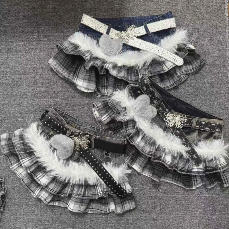 Hot Girl Aesthetic Darkly Short Skirt Gothic Grey Patchwork Plaid Cowboy Skirts Women Design High Street Vintage A-line Outfits - Image 6