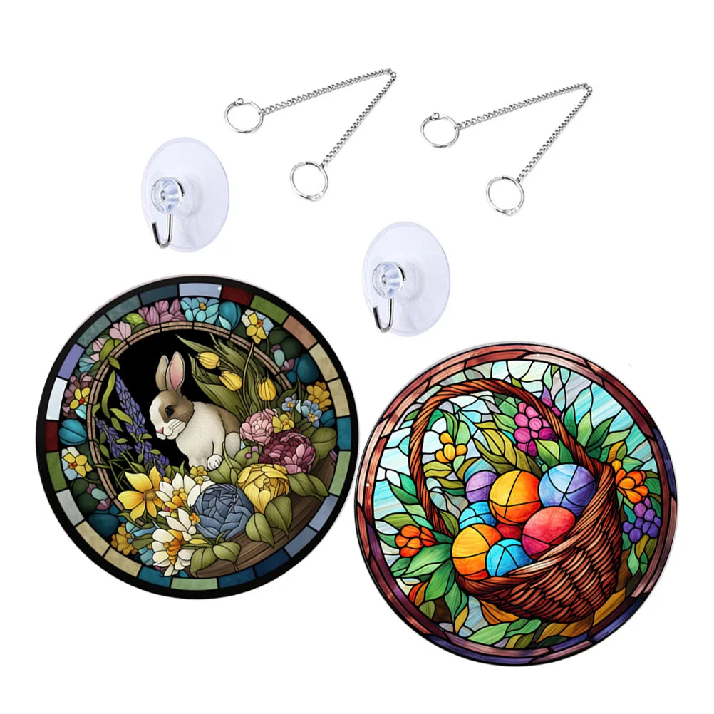 

2 Pcs Rabbit Egg Pendant Stained Glass Festival Decor Easter Scene Acrylic Prop Decoration