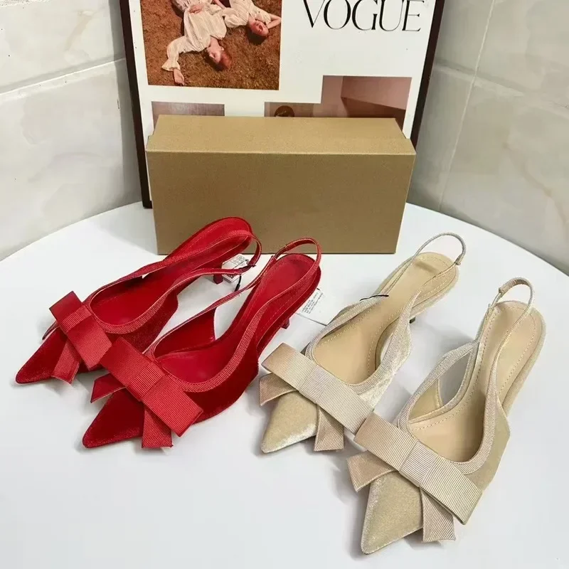 Women High Heeled Shoes Pointed Toe Slingbacks Bowknot Decoration Elegant Vintage Wedding Party Dress Sandals for Ladies