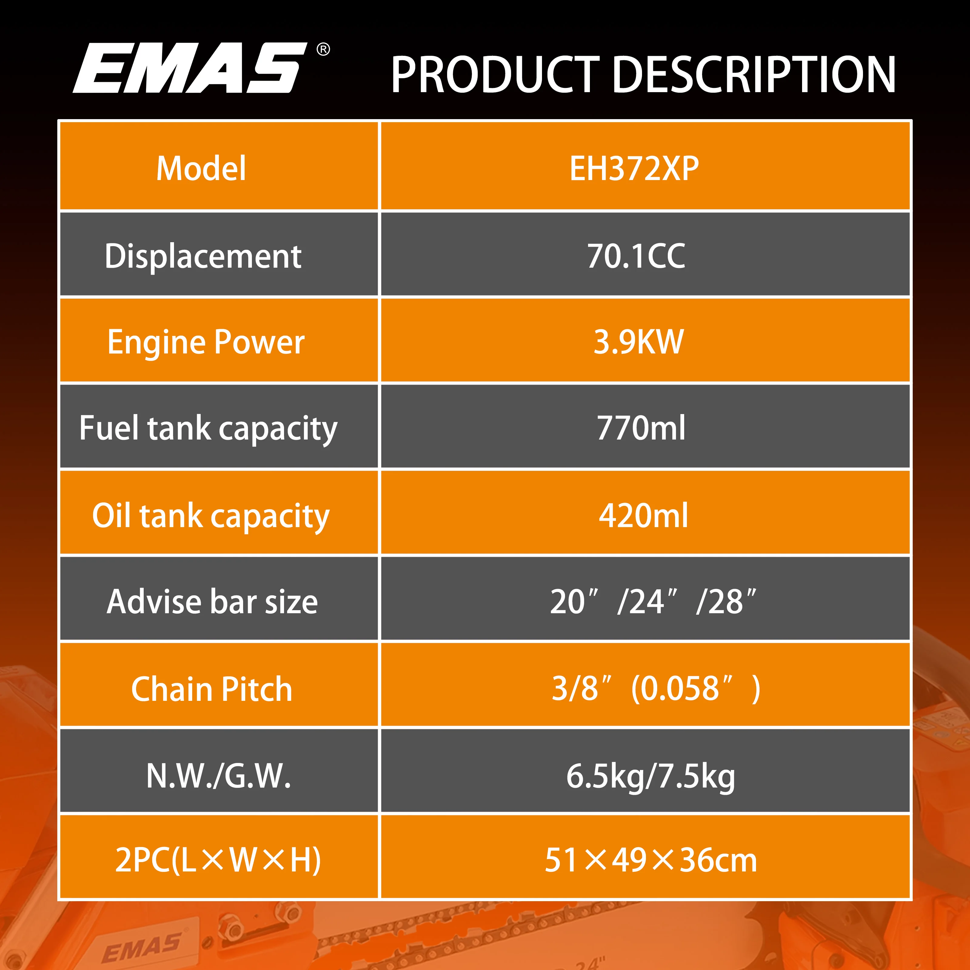 70cc 2 Stroke Petrol Chainsaw 372 Chain Saw 372XP Gasoline Chain Saw With 24 Inc
