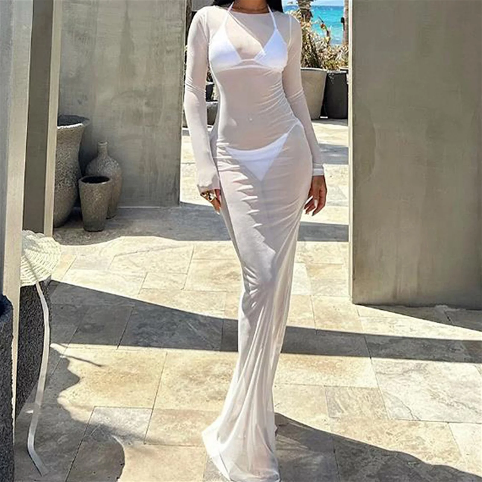 Yiiciovy Summer Mesh Sheer Long Bikini Cover Ups for Women See Through Long Sleeve Beach Maxi Dresses Bathing Suits Beach Wear 1