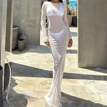 Yiiciovy Summer Mesh Sheer Long Bikini Cover Ups for Women See Through Long Sleeve Beach Maxi Dresses Bathing Suits Beach Wear 1