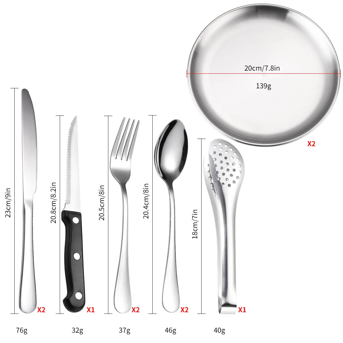 10/20 Pieces Portable Outdoor Camping Cutlery Stainless Steel Dinner Tableware Dishes Clip Spoon Plate With Storage Bag