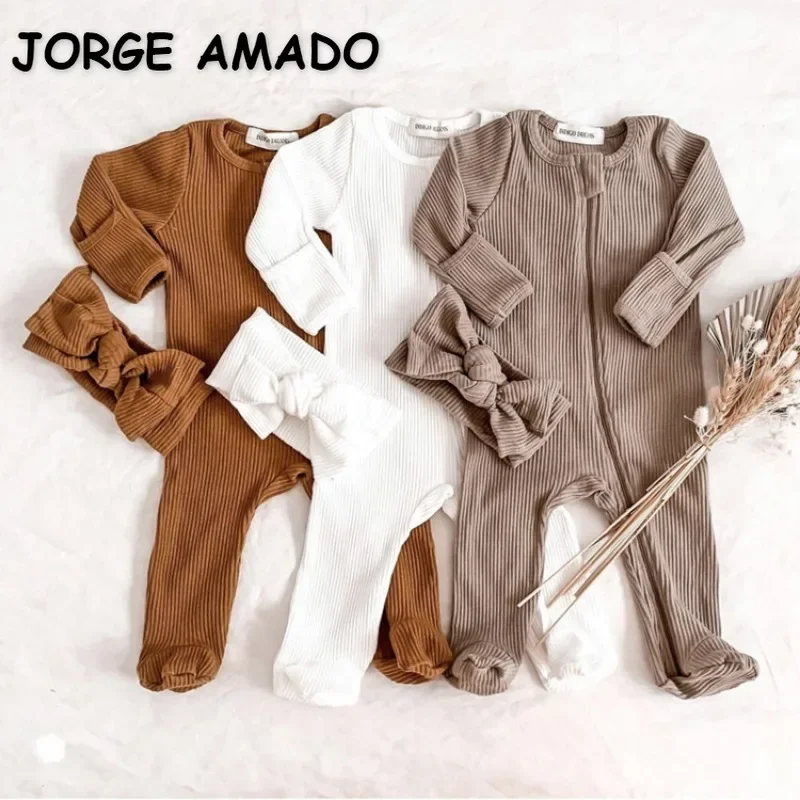 Newborn Clothes Boys Girls Pit Stripe O-neck Long Sleeve Zipper Footies Rompers+Headband Baby Soft Elasticity Jumpsuit H20604