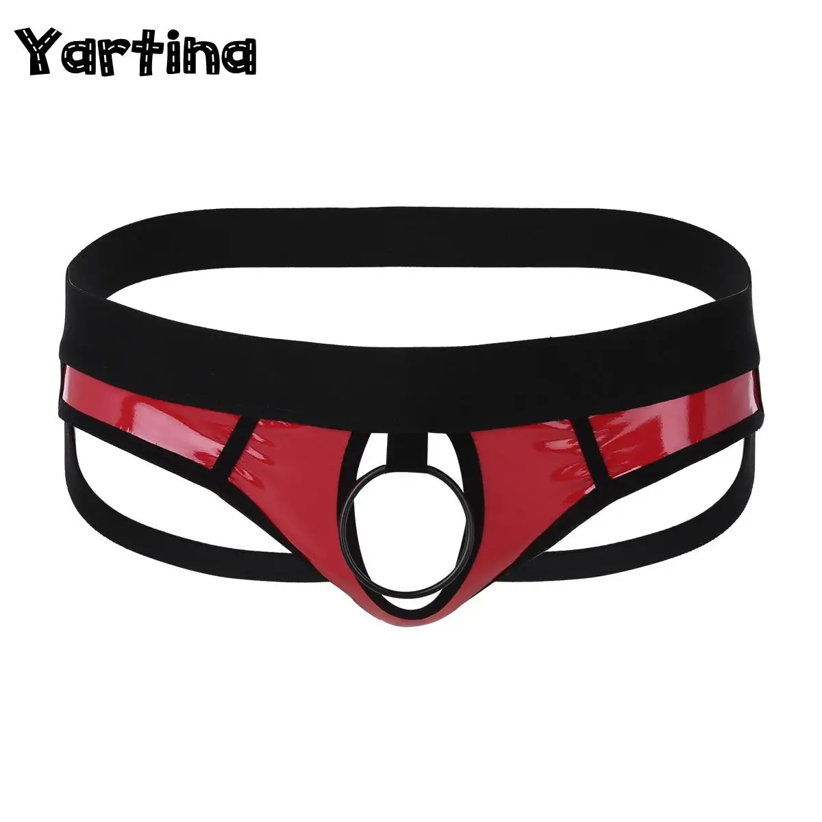 

Mens Lingerie Faux Leather Open Back and Hollow Out Jockstrap Underpants Low Rise Bikini G-string Underwear with Metal O-Ring