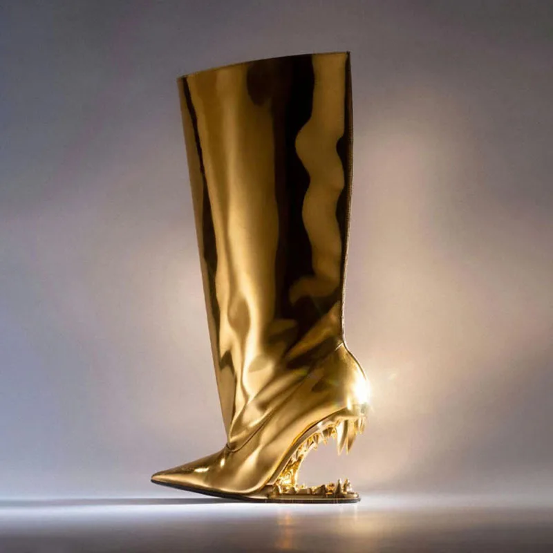 

Женские лакированные сапоги до колена, привлекательные высокие сапоги из лакированной кожи на каблуке, без застежки, с острым носком, модельная обувь для сцены, новинка 2023