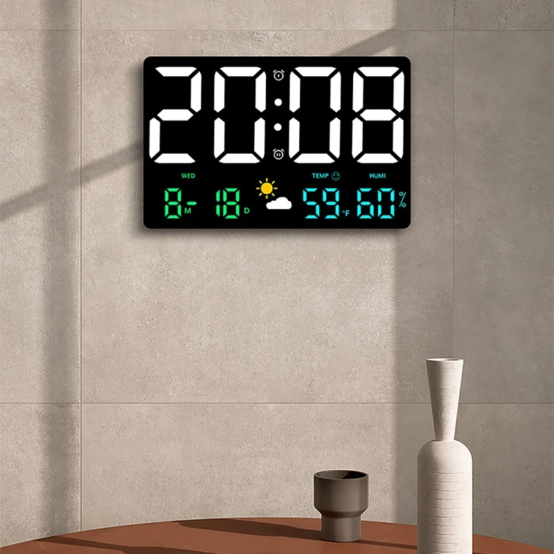 

LED Digital Square Wall Clock Large Screen Temp Date Day Temperature Humidity Weather Display Electronic Alarm Clock Home Decor