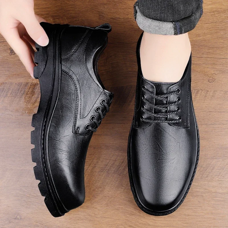 Shoes for Men 2023 Hot Sale Lace Up Leather Casual Shoes Spring and Autumn Round Toe Solid Platform Water Proof Business Loafers
