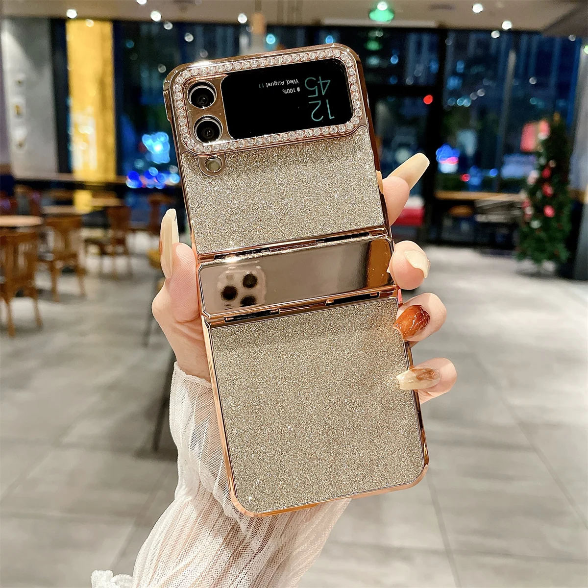 Coque de téléphone Samsung Galaxy Z Flip 5 4 3 5G, garniture en cuir Pu scintillante avec strass, charnière plaquée, couverture arrière en plastique_voghion.com