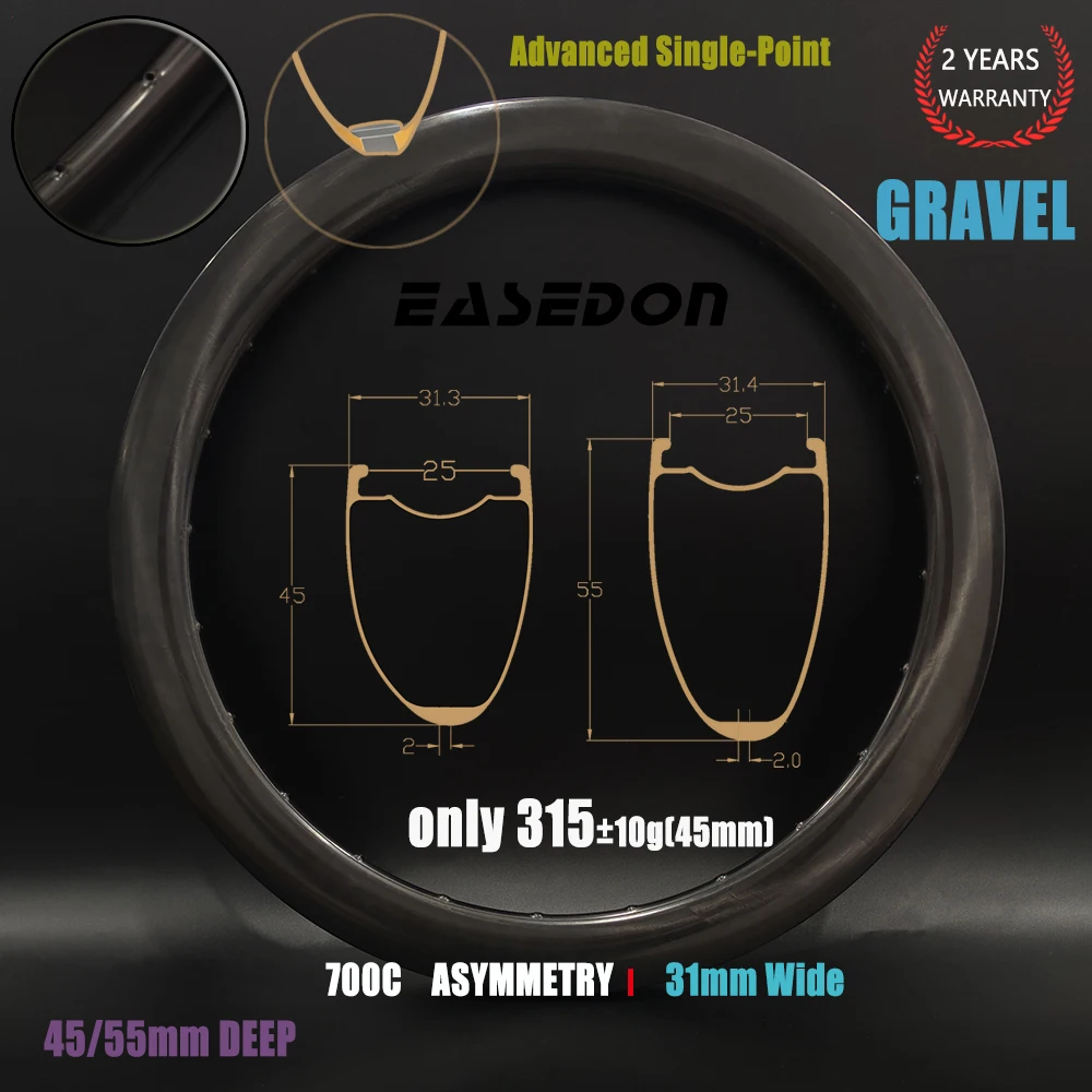 EASEDON Carbon Rim, 700C Road Bike Light Advanced Single Point 25mm Inner 31mm Wide 45 55mm Deep Tubeless Asymmetry 24 Holes Bicycle Wheel