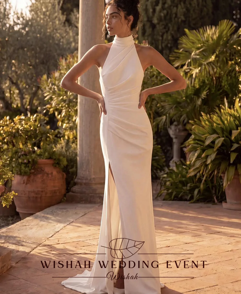 Wishah Customized Elegant White Halter Pleated Sleeveless Backless Button Forked Mermaid Long Bridal Gown for Wedding Party 2027