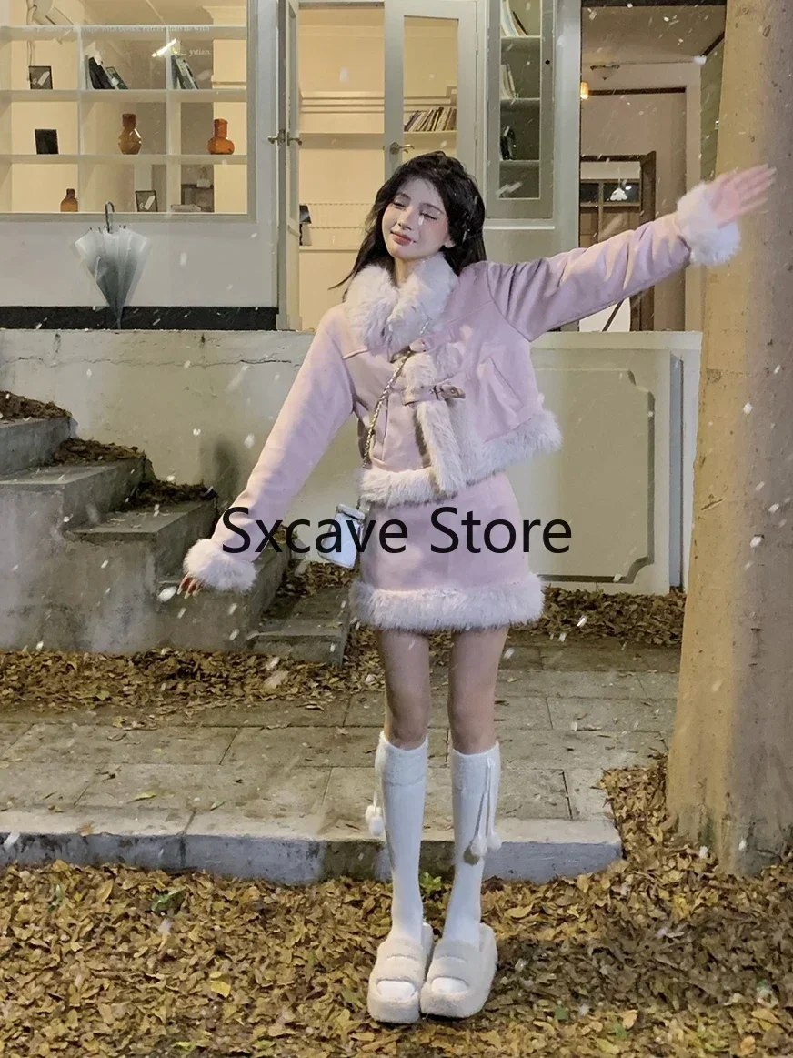 Autumn Retro Faux Fur Piece Skirt Set Women Casual Y2k