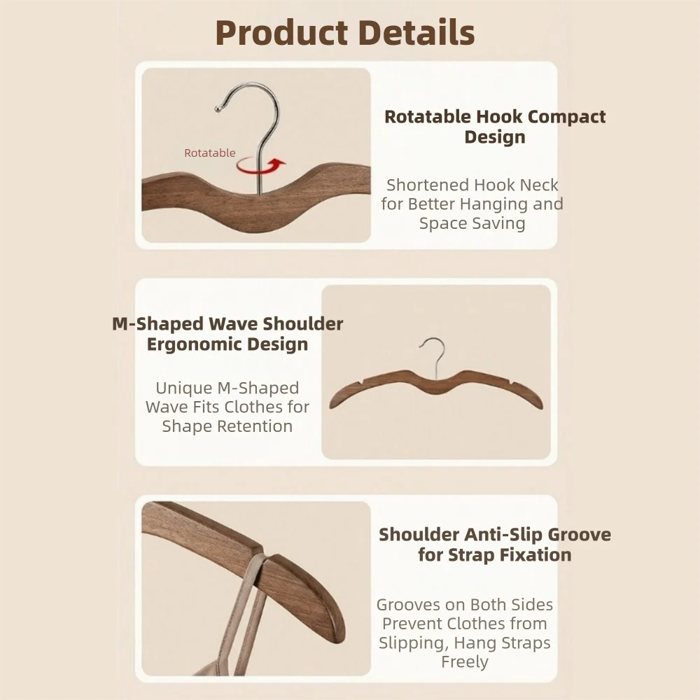 2개입 어깨 보호 목재 숏넥 옷걸이, 헤비듀티 공간 절약형 옷걸이, 미끄럼 방지 옷장 정리함, 호텔용