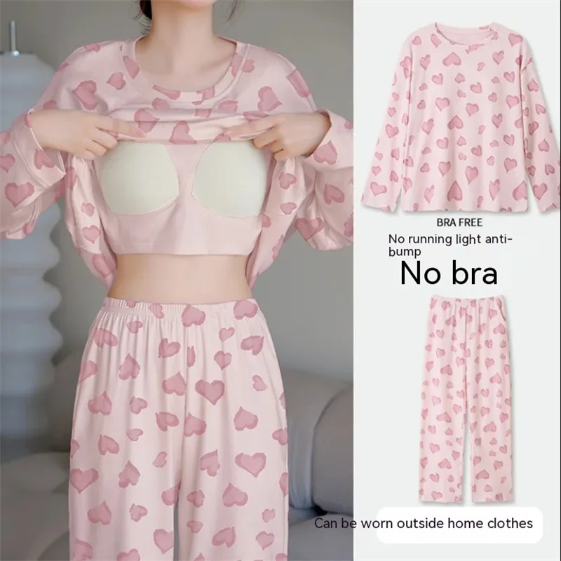 플러스 사이즈 여성용 긴팔 잠옷, 용수철 가슴 패드, 루즈한 홈 캐주얼, 편안하고 스타일리시, 트렌디한 인스타그램, 귀여운 잠옷, 신상