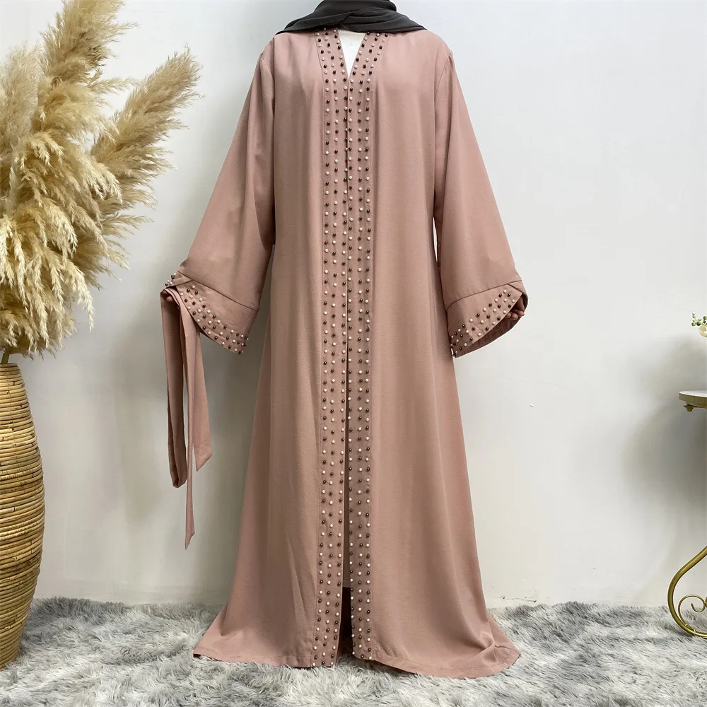 Dubai Nail Bead Kimono Sleeve Cardigan Women Open Front Robe Muslim Islamic Lace Abaya Kaftan With Belted Ramadan Dress