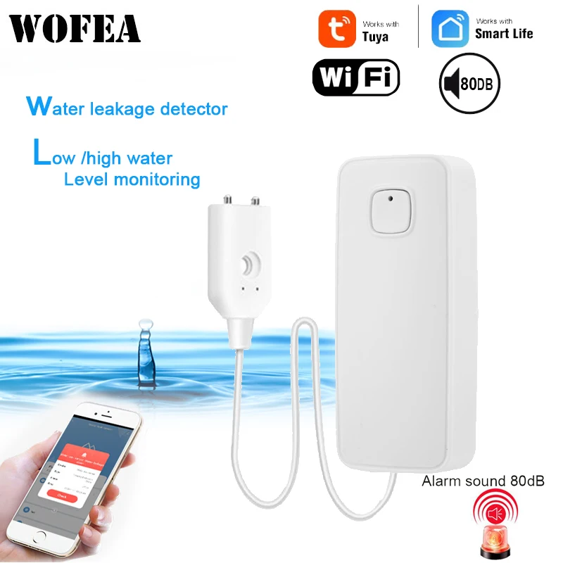 חיישן נזילות מים חכם Tuya Smart Flood Leakage Sensor Remote Monitor עם חיבור WiFi, מגדיר רמת זרימת מים יתר, מערכת אזעקת קול אבטחה