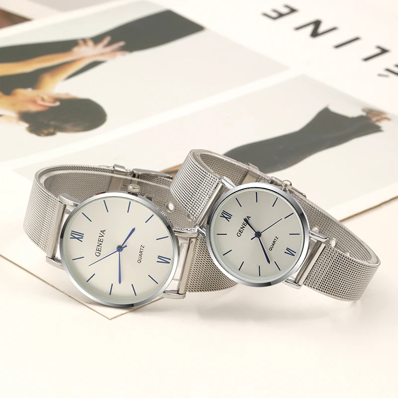 2PCS Set Couple Fashion Casual Watches Luxury Silvery Mesh Belt Wrist Watch Ladies Simple Dial Quartz Wristwatches