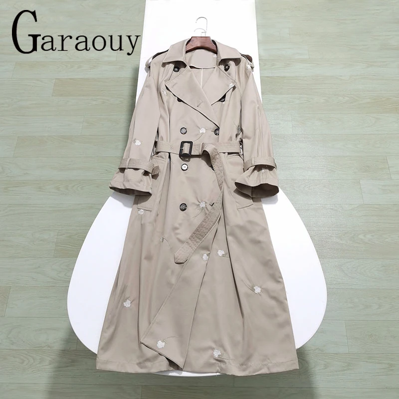 Garaouy2023 Woman Flower Embroidery Belt Long Knee length Trench Coat
