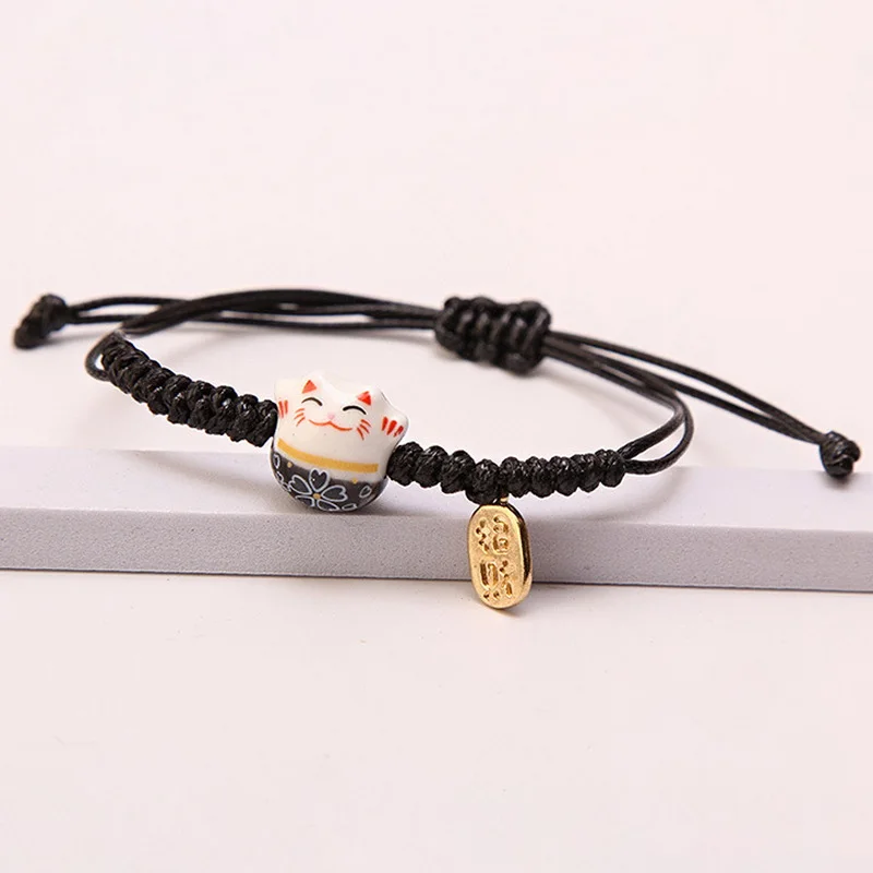 Ceramic Lucky Cat Braided Bracelet for Women Cute Animal Kitten Hand-woven Adjustable Bangles Party Harajuku Jewelry Gift