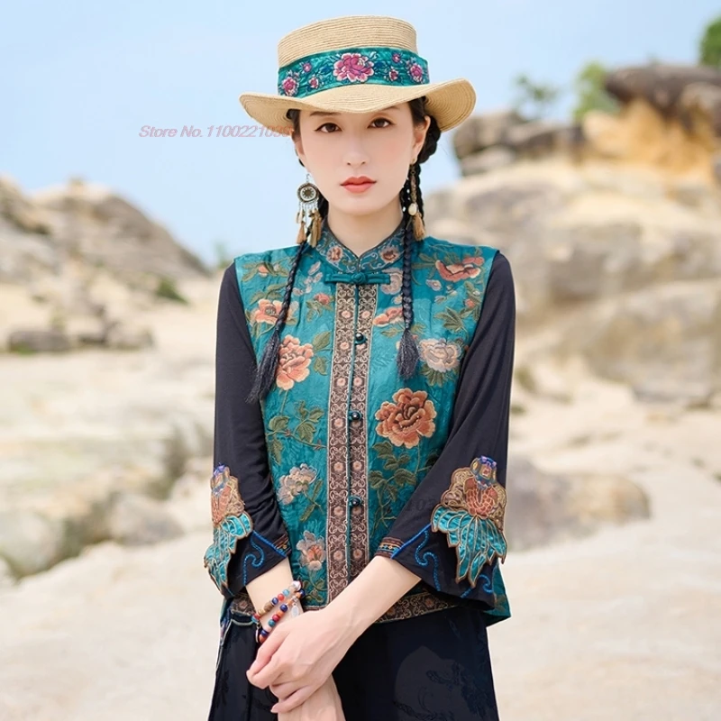 national flower embroidery satin jacquard vest chinese traditional stand collar folk vest oriental retro sleeveless jacket