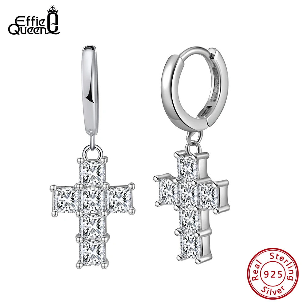 Effie Queen 925 Sterling Silver Cross Earrings With 8A Premium White Cubic Zirconia Religions Accessory For Ear Daily Wear LZE13