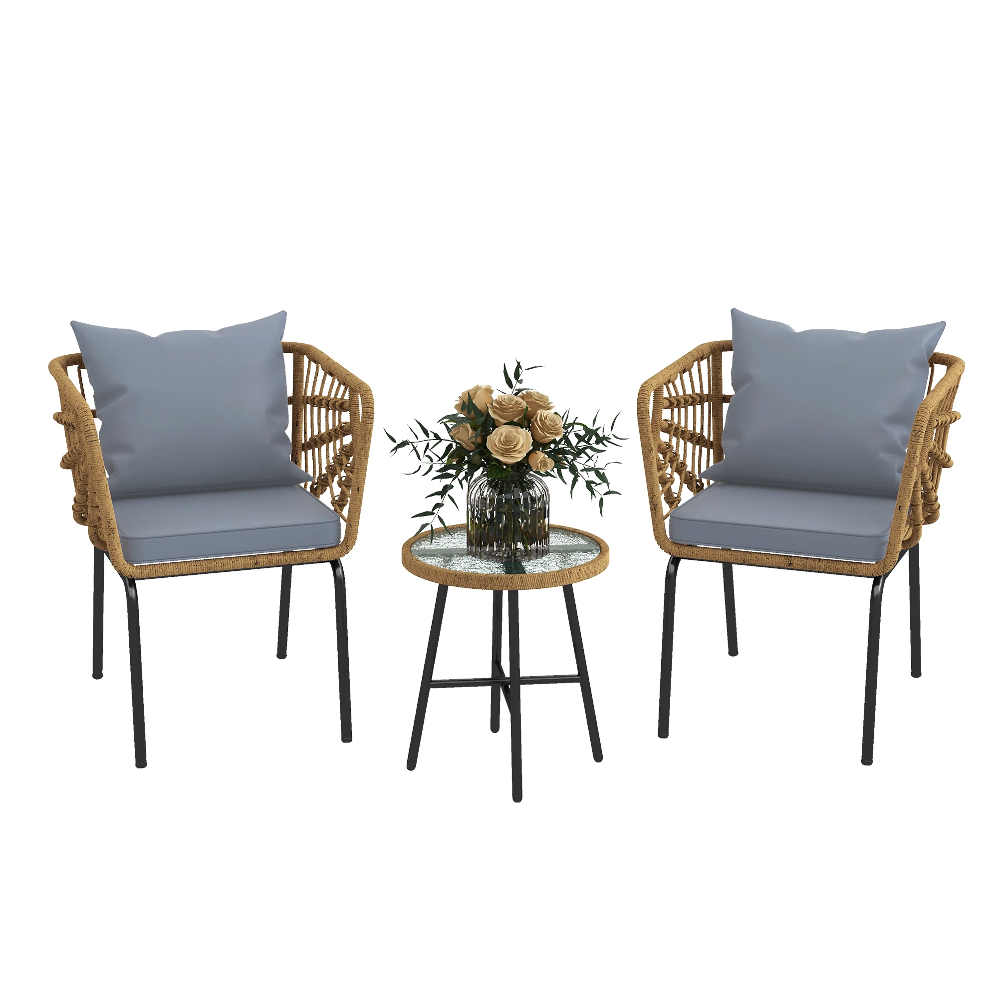 3 PCS Outdoor Wicker Patio Chair Set Rattan Patio Furniture Table W/ Cushion Outdoor Conversation Set