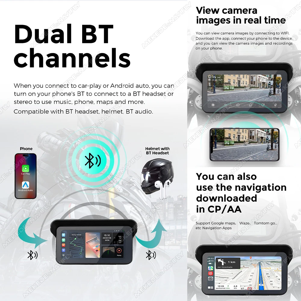 6.25inch GPS Navigation Motorcycle IP67 Waterproof Portable Wireless Car-play Android Auto Multimedia Player Dual 1080P DVR WIFI