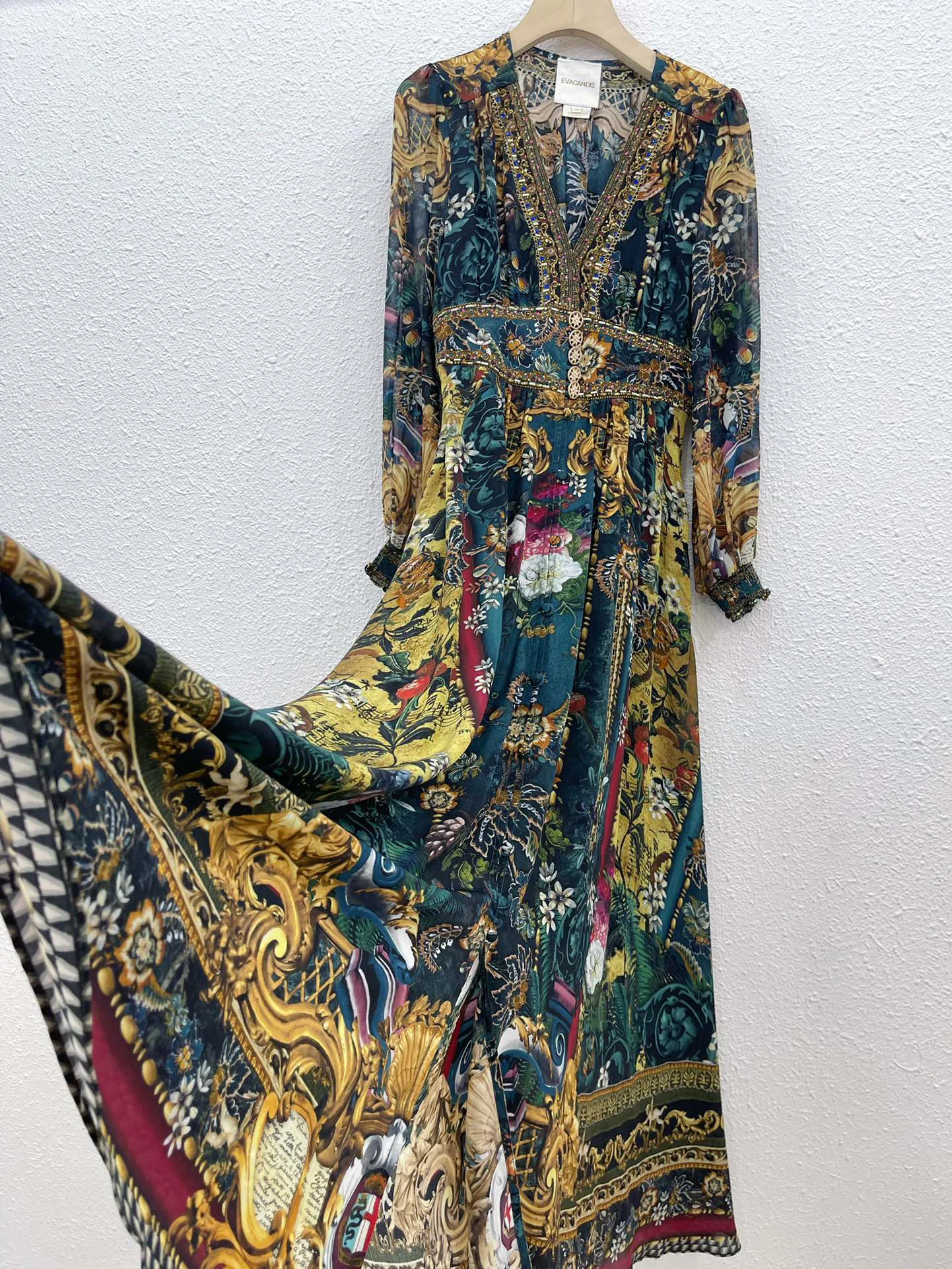 

EVACANDIS 100% Real Silk High Quality Luxury Women New Printing Diamonds Puff Sleeve Midi Dress V-Neck Bohemian Vintage Elegant