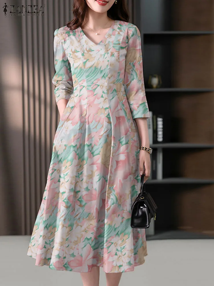 

2024 ZANZEA Fashion Elegant 3/4 Sleeve Party Midi Sundress Spring Summer Floral Printed Dress Women Holiday Vestido Robe Femme