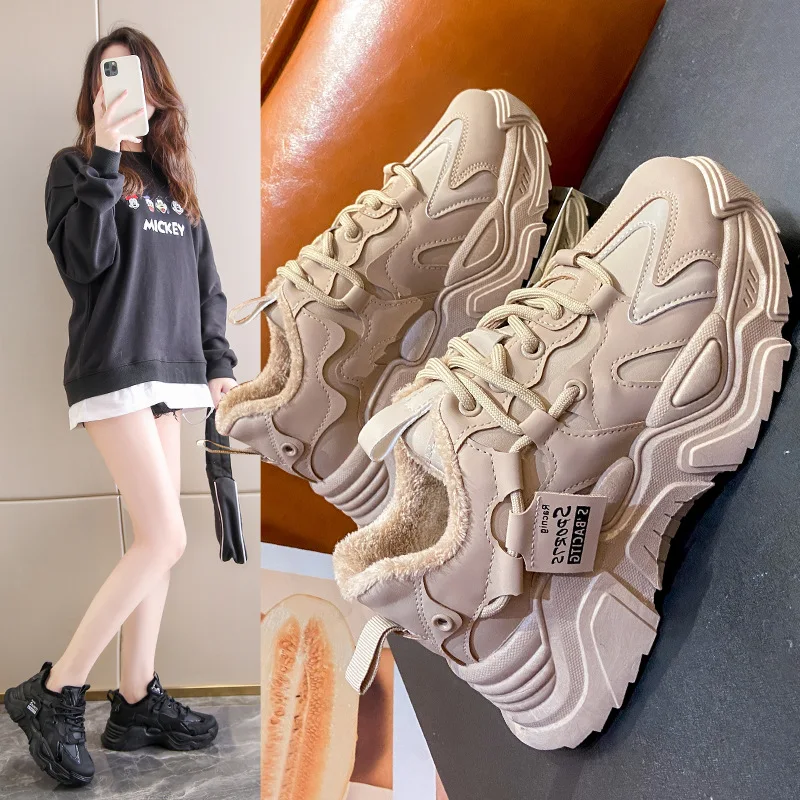 

Plush dad shoes for women with increased height and winter warmth, sporty style single shoes, solid color women's casual shoes