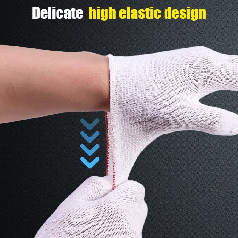 Safety Work Gloves White Thin Nylon with Elastic Wrist Opening Non-slip 1/5Pairs For Labor Work Gardening