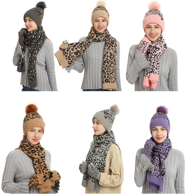 

Winter 3Pcs Leopard Beanie Hat Gloves Scarf for Women Knit Fleece Lined Warm Touchscreen Gloves Skullcap Long Scarf