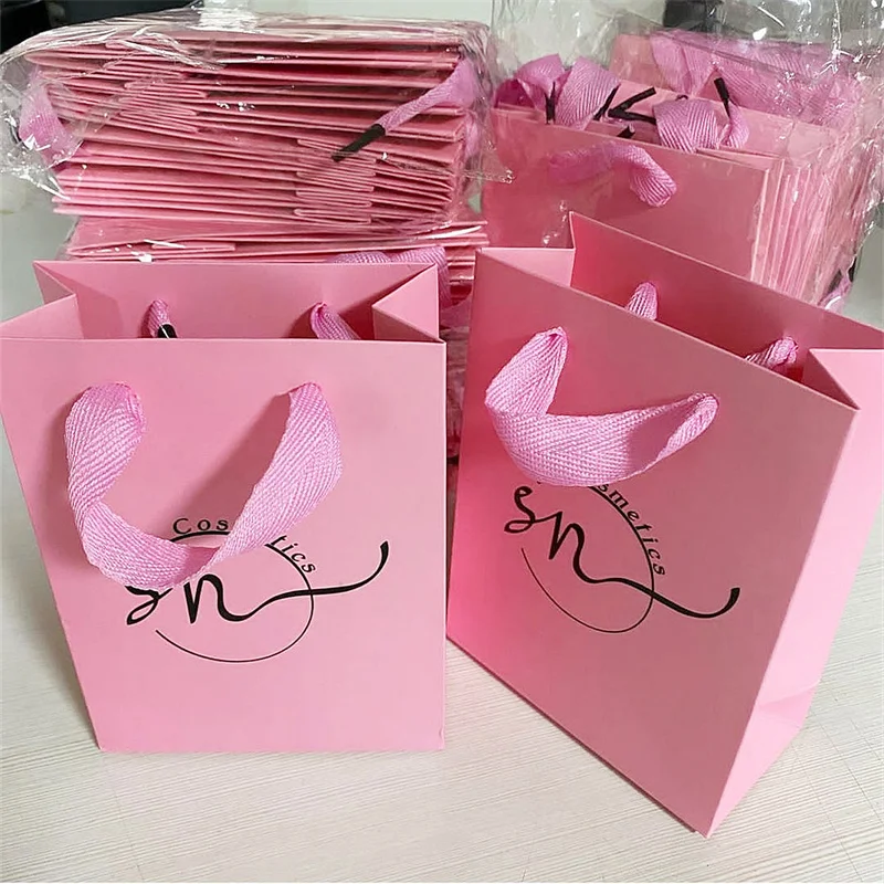 

30 Pieces Custom Logo Eyelashes Colorful Shopping Bags With Handle Plastic Gift Bag Print Lashes Business Name Make Up
