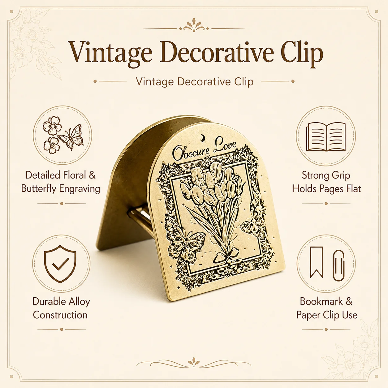 꽃무늬 나비가 새겨진 빈티지 장식 클립, 내구성 있는 합금, 노트북, 다이어리, 아트북용 플랫 북마크 클립