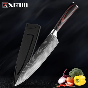 High quality 440C German Kitchen Knife Damascus Laser Pattern Utility Chef Knife EDC Cleaver Filleting Santoku Best Kitchen Tool 1