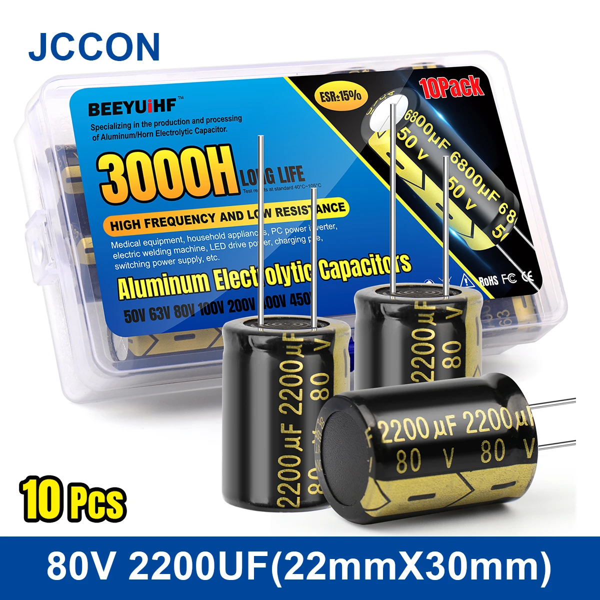 10pcs 2200uf Jccon Aluminum Electrolytic Capacitor Kit 80v2200uf 22x30