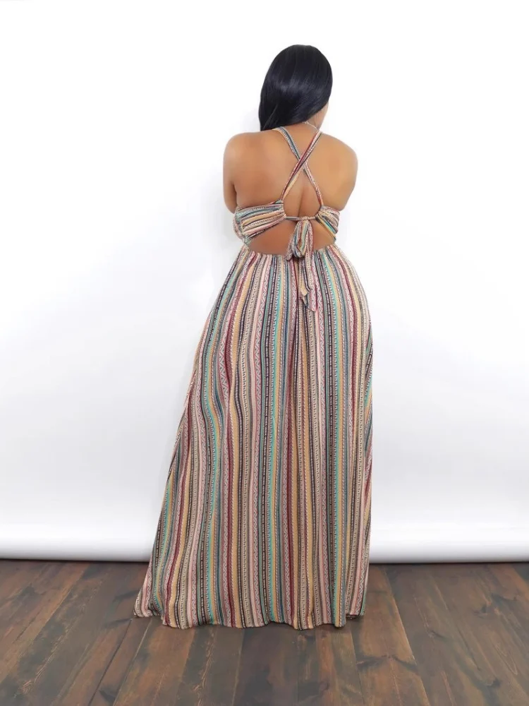 Wmstar Dresses for Women Wholesale Sweet Waist Exposed Dress with Striped Printed Straps for Vacation Bandage Back Long Dress