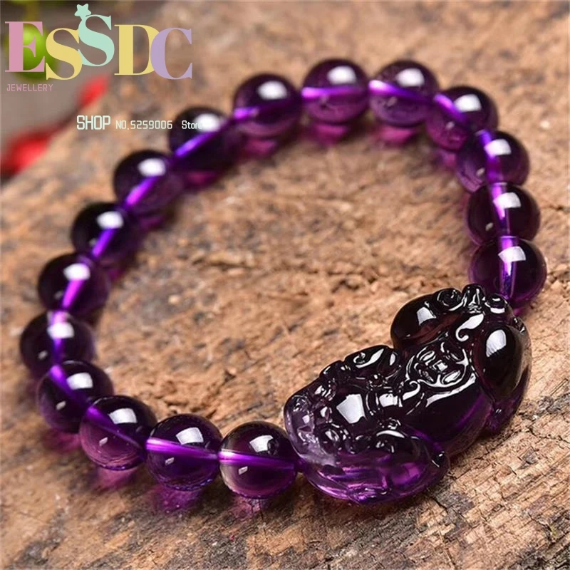 

Hand-Carved Natural Amethyst Single Circle Men Women Purple Crystal Brave Round Bead Bracelet Jewelry Wholesale