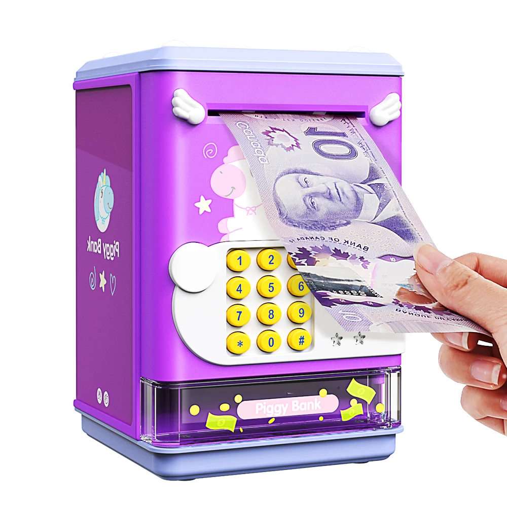 Money Saving Box Piggy Bank Coin Deposit Box Electronic Mini ATM Savings Machine with Personal Password & Fingerprint Unlocking Simulation-Music Box