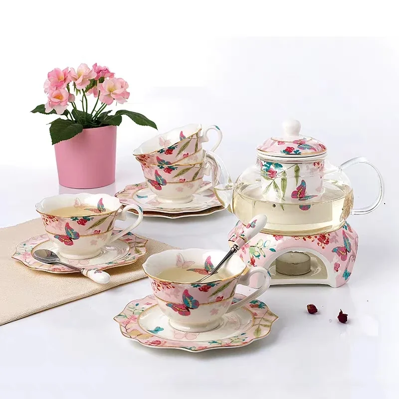 

Sakura Butterfly Flower Tea Ware Set, Heatable Glass Teapot, Ceramic Coffee Cup, Saucer and Spoon Set, Tea Stove, Warmer