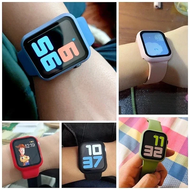 Premium Silicone Apple Watch Band with Glass Case and Strap - Compatible with All Series
