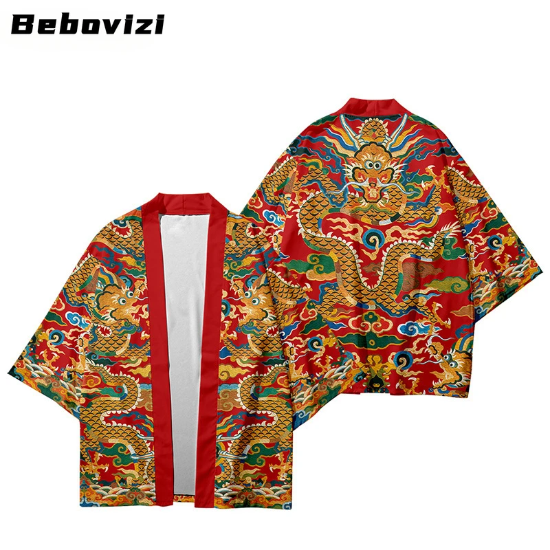 

Bebovizi Chinese Dragon Print Tradition Style Kimono Casual Women Cardigan Yukata Streetwear Men Loose Japanese Asian Clothing