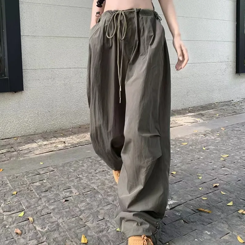 Spring Summer Women's Solid High Waisted Drawstring Pockets Loose Wide Leg Workwear Sports Trousers Fashion Vintage Pants