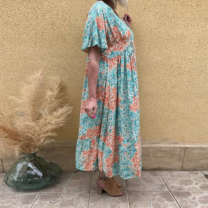 

Женское богемное платье с V-образным вырезом, Элегантное Длинное платье с цветочным принтом и высокой талией, повседневное Плиссированное праздничное платье с коротким рукавом, лето 2024