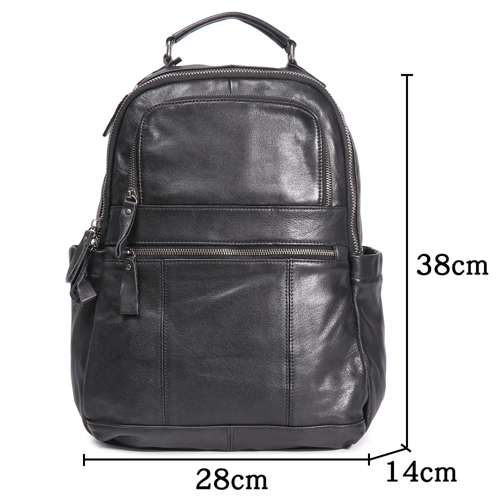 Men's Full-Grain Leather Backpack Slim Black Cowhide Laptop Bag for Office & Campus