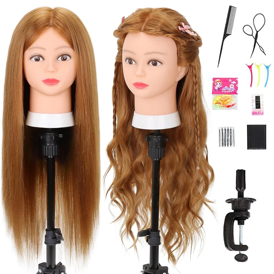 22-24'Cosmetology Mannequin Head with Free Clamp Stand and Tools for Hairdresser Styling Practice 80% Real Hair Manikin Headdoll